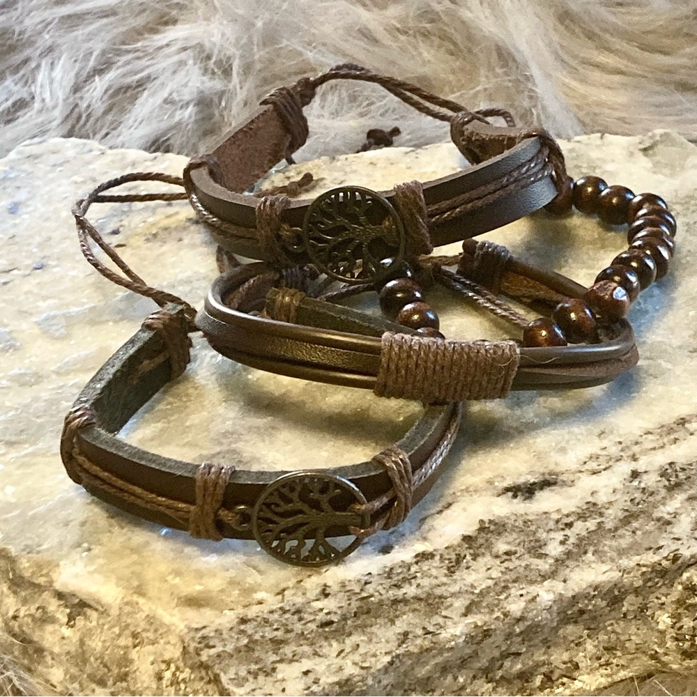 5/$18 HAND CRAFTED 4 Brown Leather & Beaded Bracelets Tree of Life